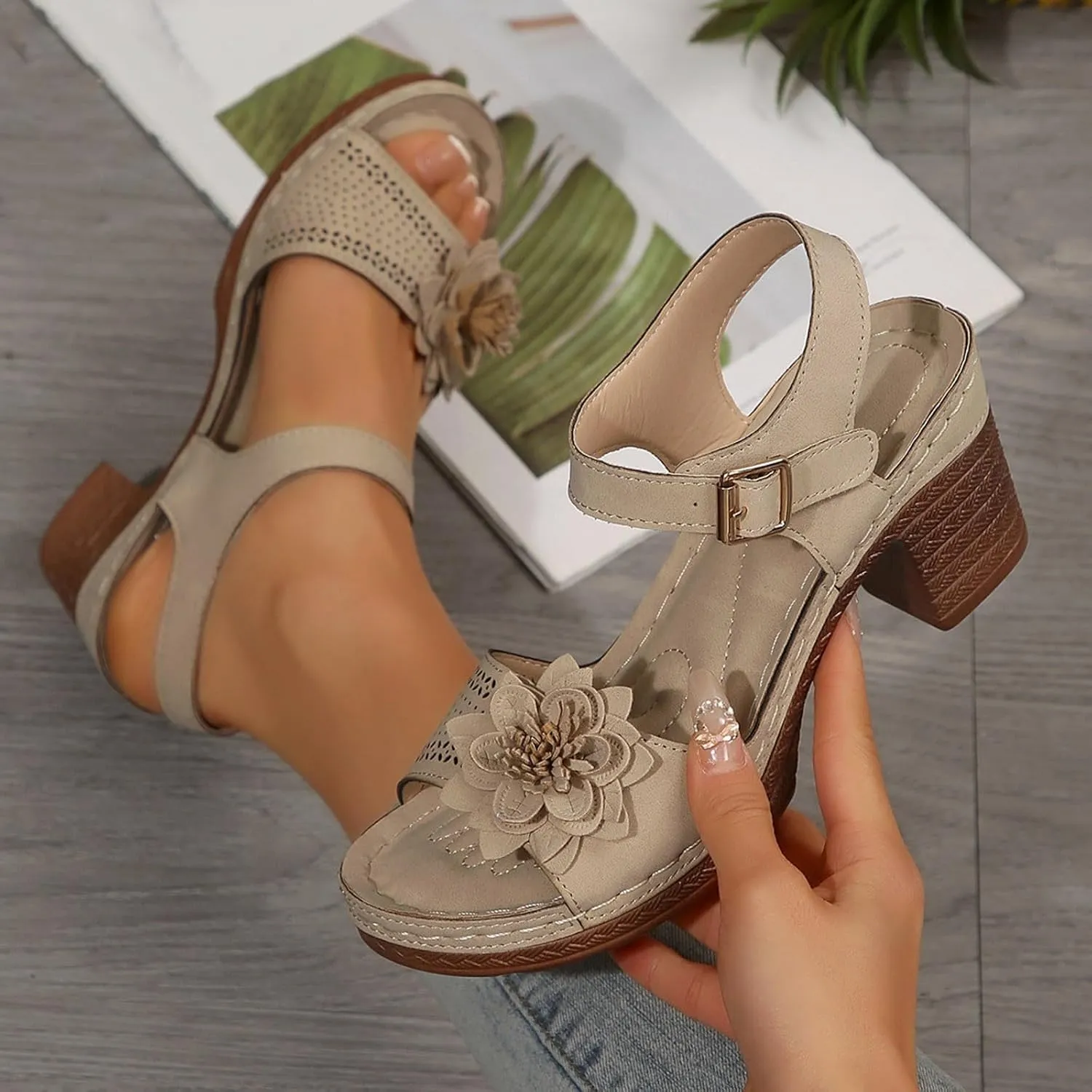 ZWRXW Open Toe Wedge Sandals for Womens Flower Buckle Ankle Strap Arch Support Orthopedic Wedge Casual Sandal Cute Fashion Dressy Bohemia Sandals Summer Comfortable Shoe