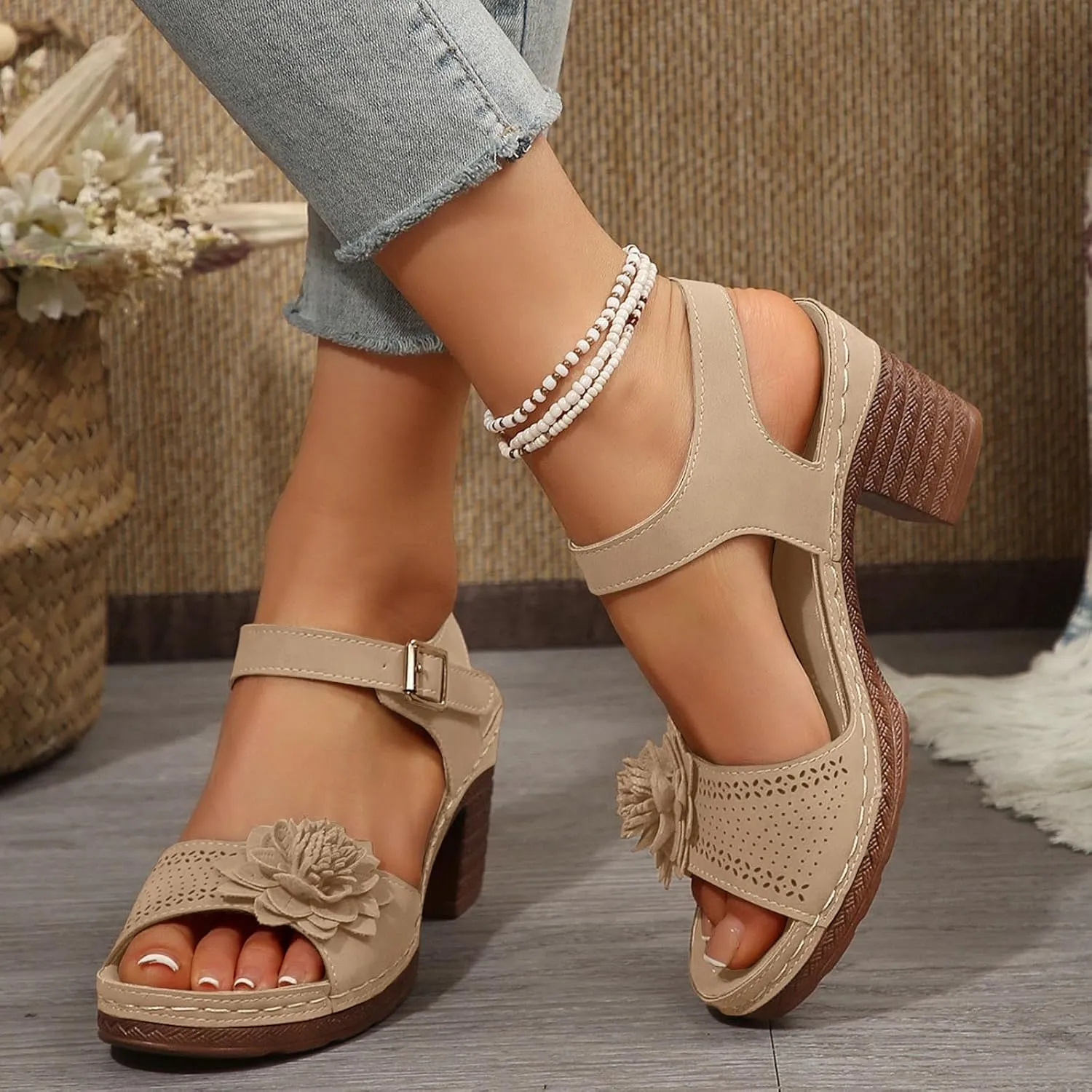 ZWRXW Open Toe Wedge Sandals for Womens Flower Buckle Ankle Strap Arch Support Orthopedic Wedge Casual Sandal Cute Fashion Dressy Bohemia Sandals Summer Comfortable Shoe