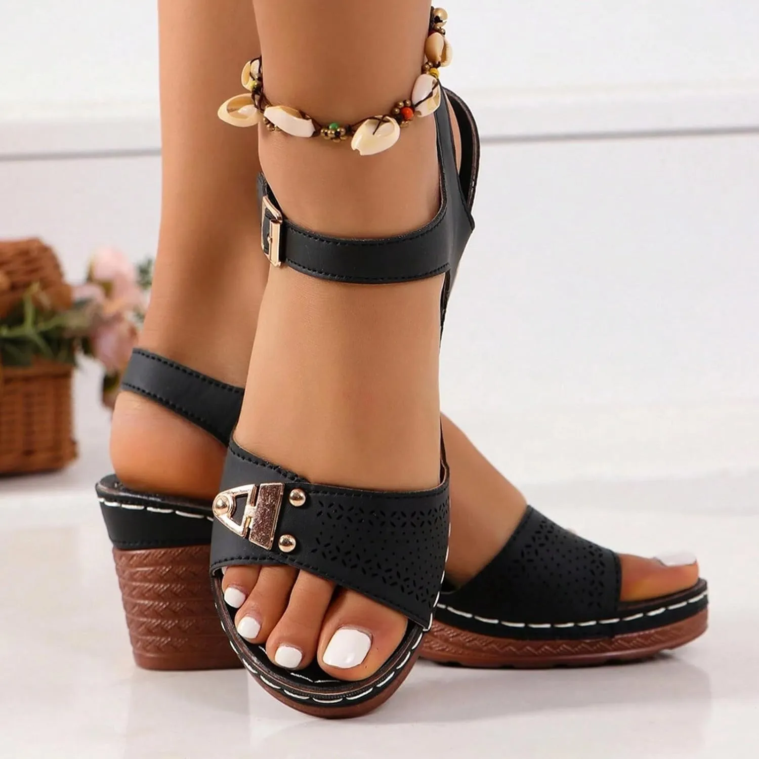 ZWRXW Open Toe Wedge Sandals for Womens Flower Buckle Ankle Strap Arch Support Orthopedic Wedge Casual Sandal Cute Fashion Dressy Bohemia Sandals Summer Comfortable Shoe